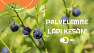 Valokuva mustikanvarvuista. Kuvan päällä ammattiliitto JHL:n logo, oranssi graafinen aaltoelementti sekä teksti "palvelemme läpi kesän".