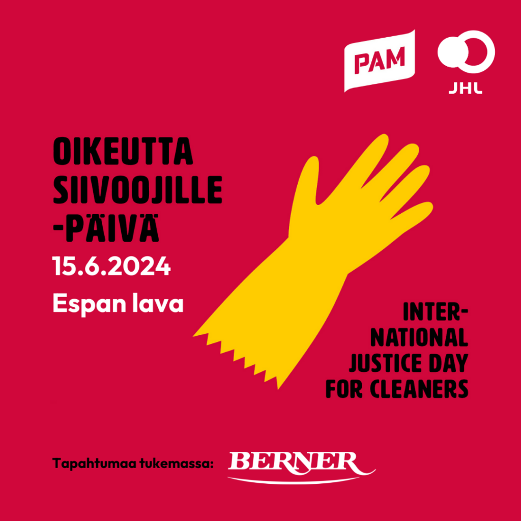 A picture of a cleaning glove, text International Justice Day for Cleaners, and the logos of PAM and JHL on red background.