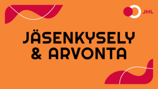 Teksti "jäsenkysely & arvonta" oranssilla taustalla, yläkulmassa ammattiliitto JHL:n punavalkoinen logo.