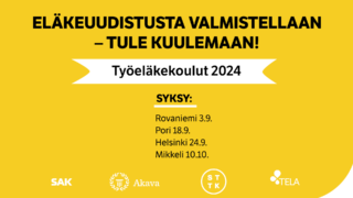 Kuva, jossa on keltainen pohja. Kuvaan on kirjoitettu mustalla tekstillä syksyn 2024 työeläkekoulujen aikataulut.