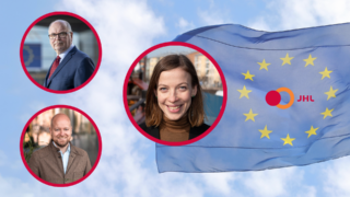 Portrait photos of Li Andersson, Eero Heinäluoma and Jussi Saramo. The background shows the EU flag against blue sky.