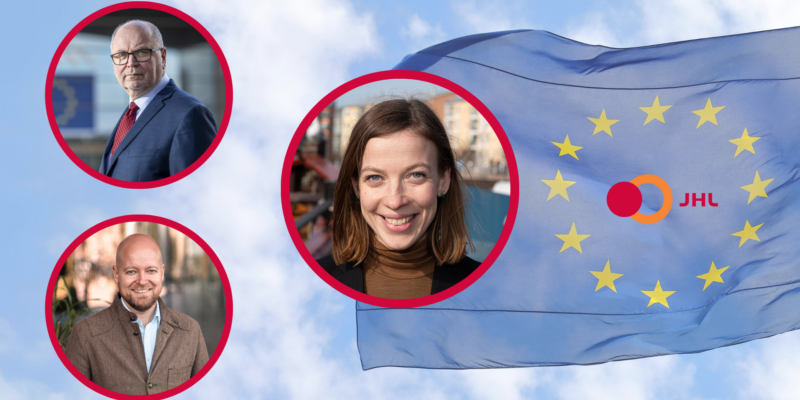 Portrait photos of Li Andersson, Eero Heinäluoma and Jussi Saramo. The background shows the EU flag against blue sky.
