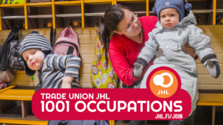 Picture of a daycare centre employee and children putting on winter clothes. The text on the image reads: Trade Union JHL, 1001 occupations, jhl.fi/join