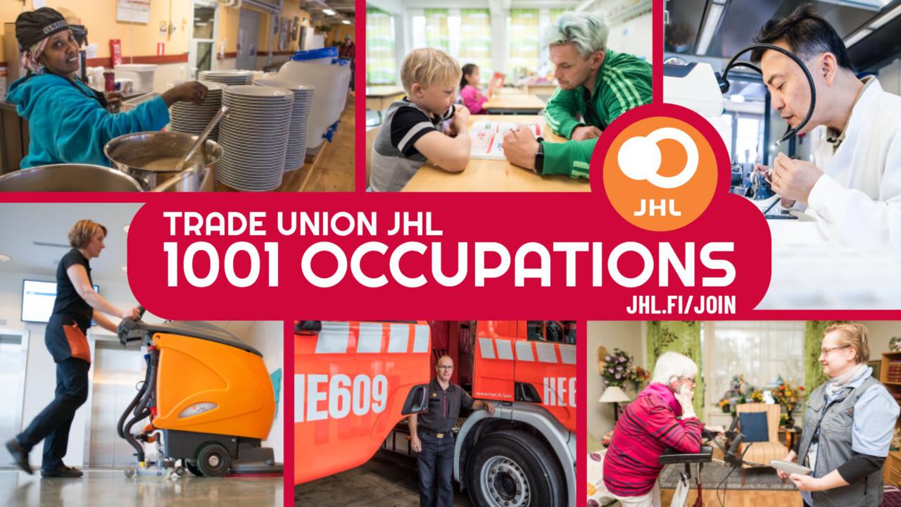 A photo collage of JHL members in various occupations and slogan "1001 occupations".