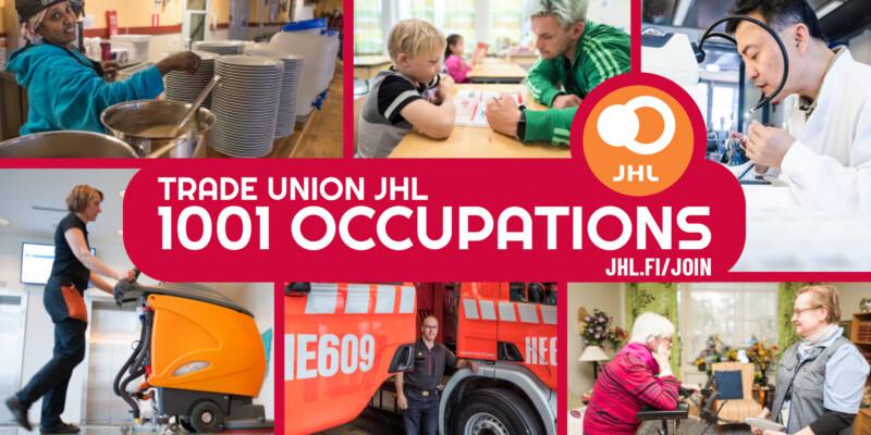 A photo collage of JHL members in various occupations and slogan "1001 occupations".