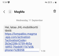 Text message from MagMa with a link for downloading the mobile card.