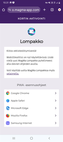 Lompakko activation screen.