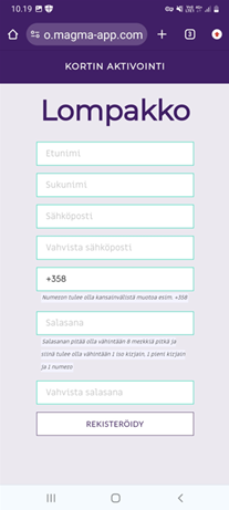 Lompakko registration screen.