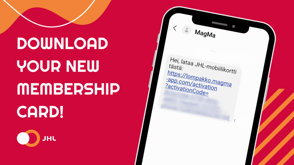 Text "Download your new membership card!" and a picture of a smartphone with a text message that contains a link.