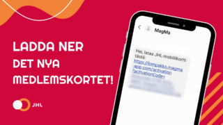 Röd bakgrund med mobiltelefon och texten LADDA NER DET NYA MEDLEMSKORTET